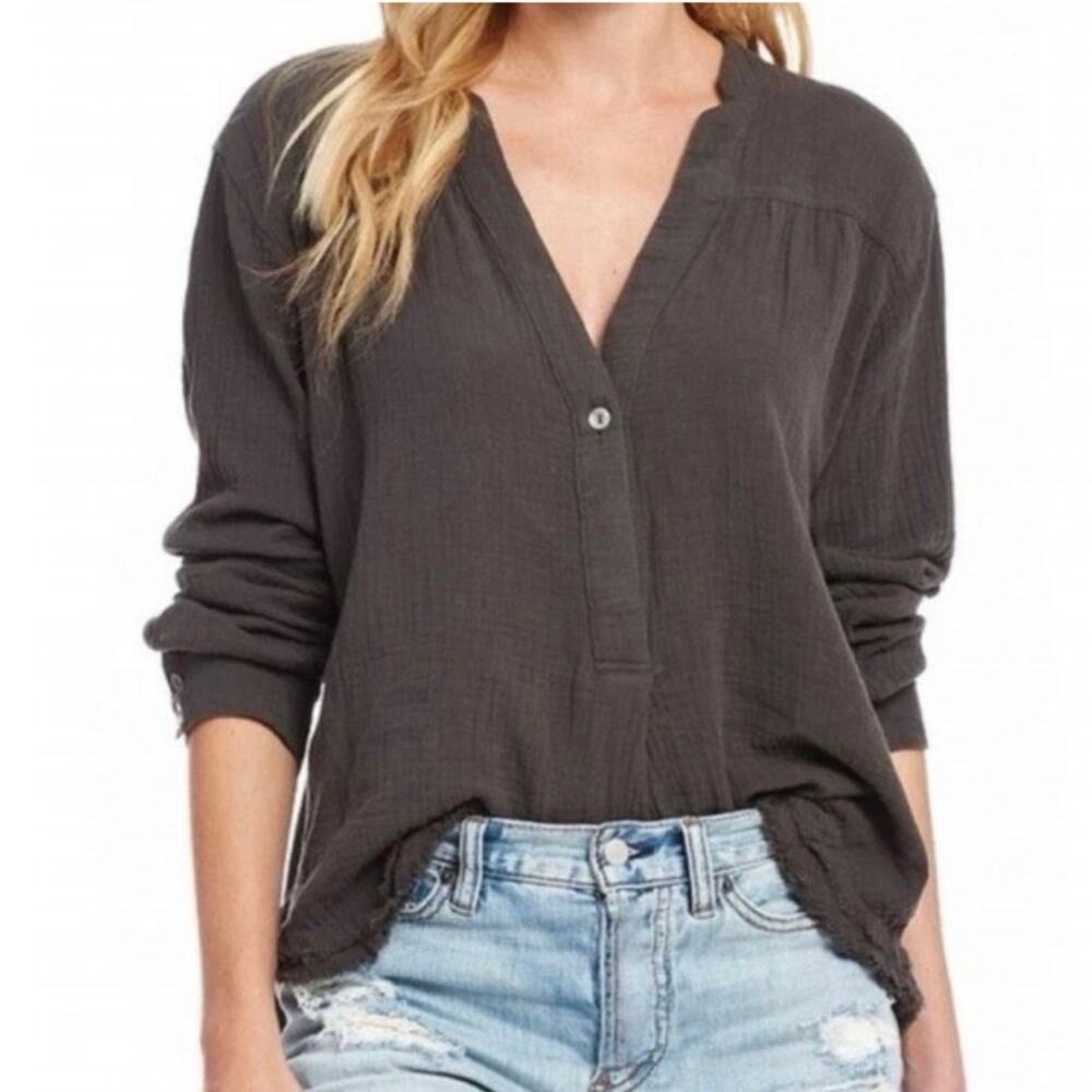FREE PEOPLE Changing Horizons V Neck Top Sz S Olive Green Gauze Oversize Boho